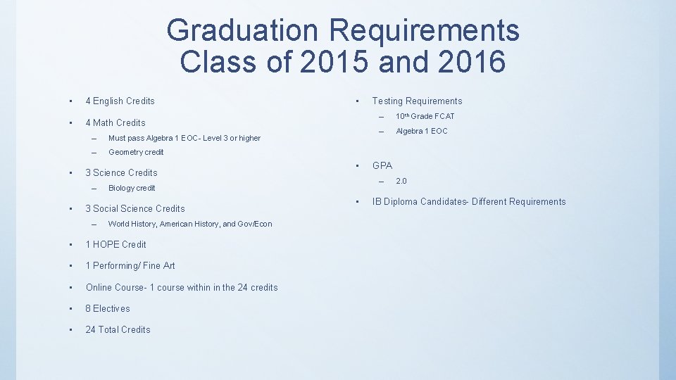 Graduation Requirements Class of 2015 and 2016 • 4 English Credits • 4 Math