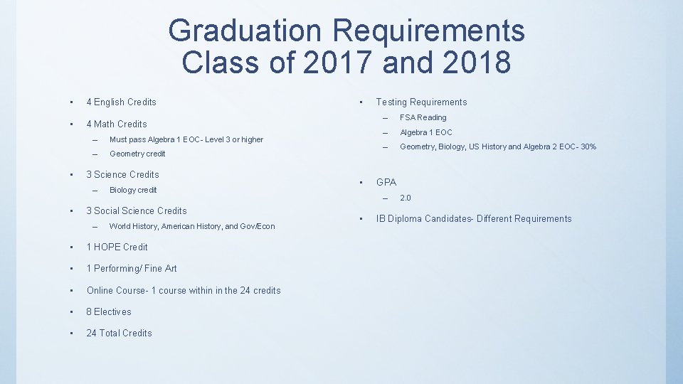 Graduation Requirements Class of 2017 and 2018 • 4 English Credits • 4 Math