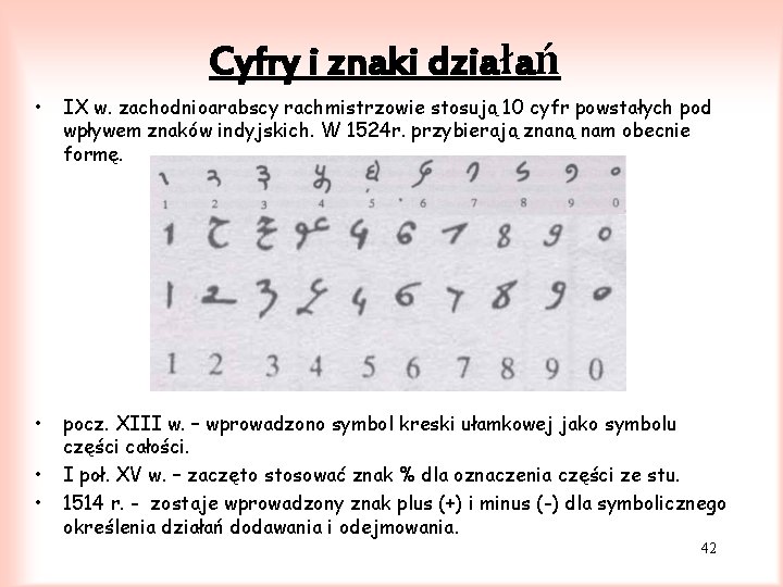 Cyfry i znaki działań • IX w. zachodnioarabscy rachmistrzowie stosują 10 cyfr powstałych pod