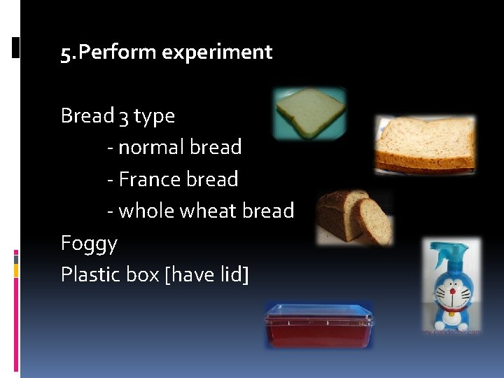 5. Perform experiment Bread 3 type - normal bread - France bread - whole
