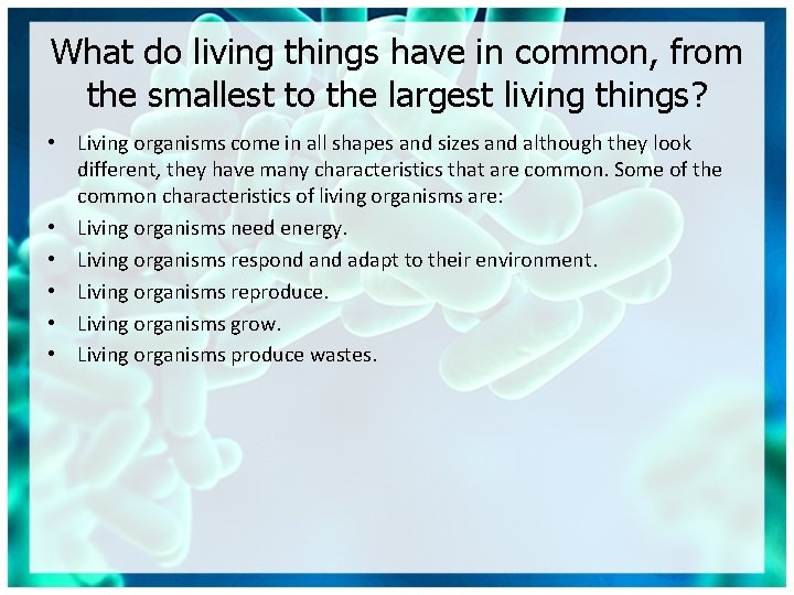 What do living things have in common, from the smallest to the largest living