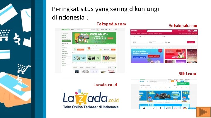 Peringkat situs yang sering dikunjungi diindonesia : Tokopedia. com Bukalapak. com Blibi. com Lazada.