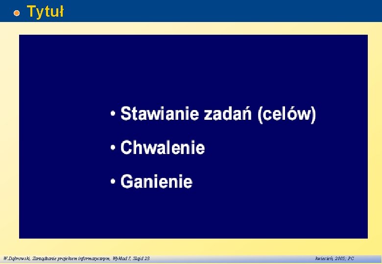 Tytuł W. Dąbrowski, Zarządzanie projektem informatycznym, Wykład 7, Slajd 23 kwiecień, 2005; PC 