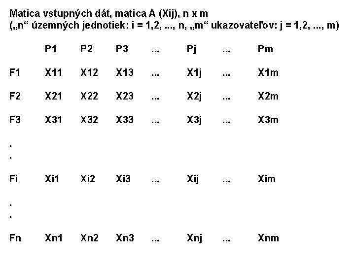 Matica vstupných dát, matica A (Xij), n x m („n“ územných jednotiek: i =