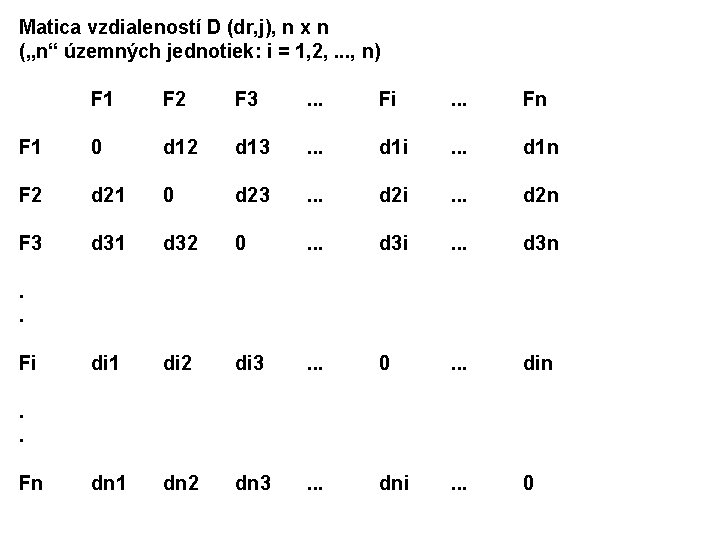 Matica vzdialeností D (dr, j), n x n („n“ územných jednotiek: i = 1,