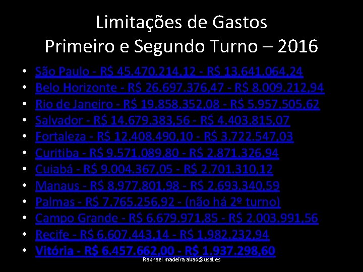 Limitações de Gastos Primeiro e Segundo Turno – 2016 • • • São Paulo