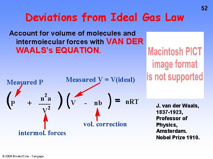 Deviations from Ideal Gas Law Account for volume of molecules and intermolecular forces with