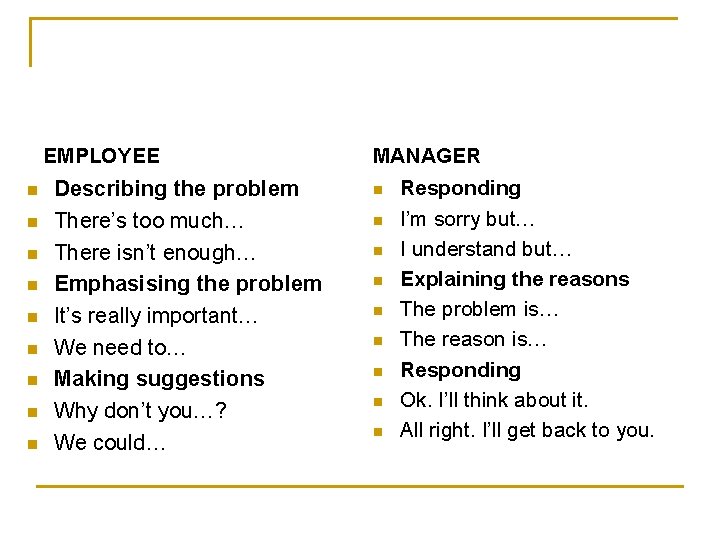 EMPLOYEE n n n n n Describing the problem There’s too much… There isn’t