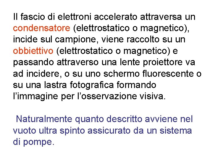 Il fascio di elettroni accelerato attraversa un condensatore (elettrostatico o magnetico), incide sul campione,