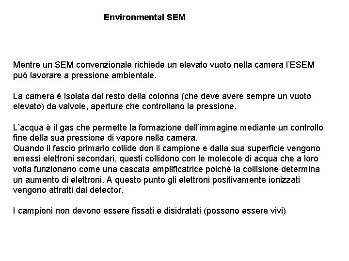 Environmental SEM Mentre un SEM convenzionale richiede un elevato vuoto nella camera l’ESEM può