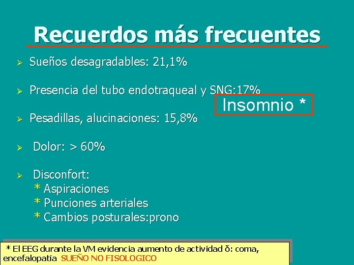 Recuerdos más frecuentes Ø Sueños desagradables: 21, 1% Ø Presencia del tubo endotraqueal y