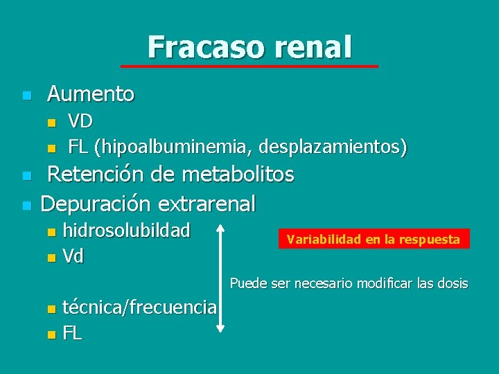 Fracaso renal n Aumento n n VD FL (hipoalbuminemia, desplazamientos) Retención de metabolitos Depuración