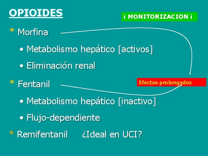 OPIOIDES ¡ MONITORIZACION ¡ * Morfina • Metabolismo hepático [activos] • Eliminación renal *