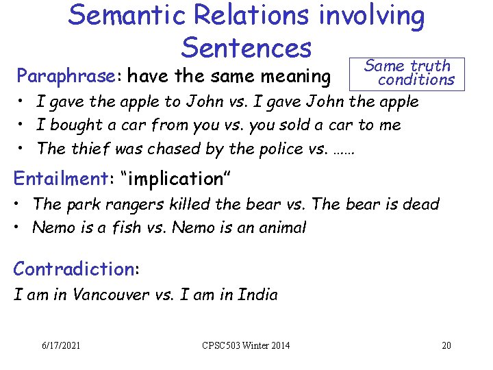 Semantic Relations involving Sentences Same truth Paraphrase: have the same meaning conditions • I