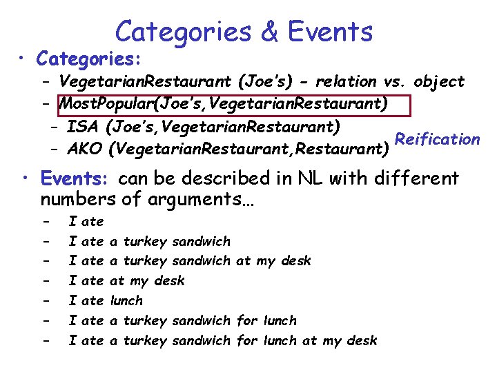 Categories & Events • Categories: – Vegetarian. Restaurant (Joe’s) - relation vs. object –