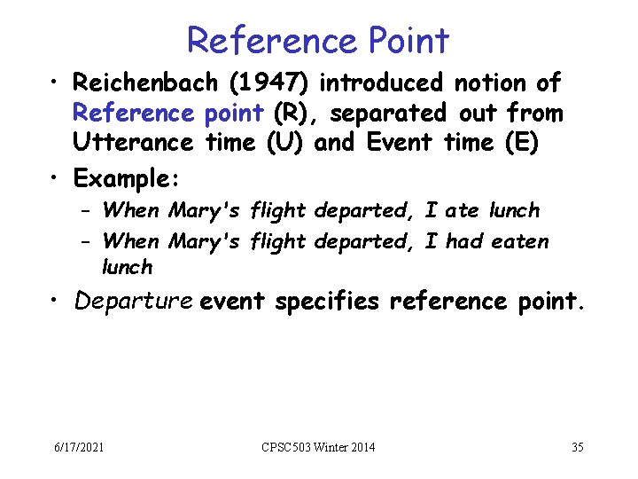 Reference Point • Reichenbach (1947) introduced notion of Reference point (R), separated out from