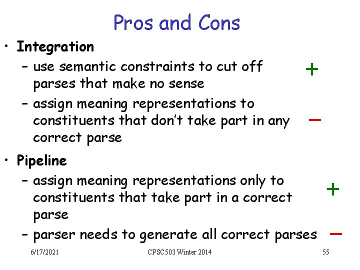 Pros and Cons • Integration – use semantic constraints to cut off parses that