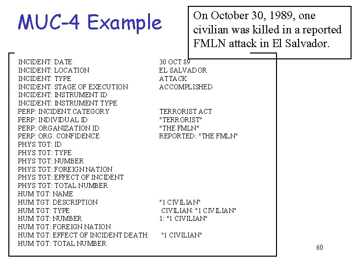 MUC-4 Example On October 30, 1989, one civilian was killed in a reported FMLN