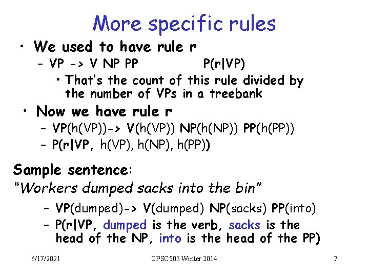 More specific rules • We used to have rule r – VP -> V