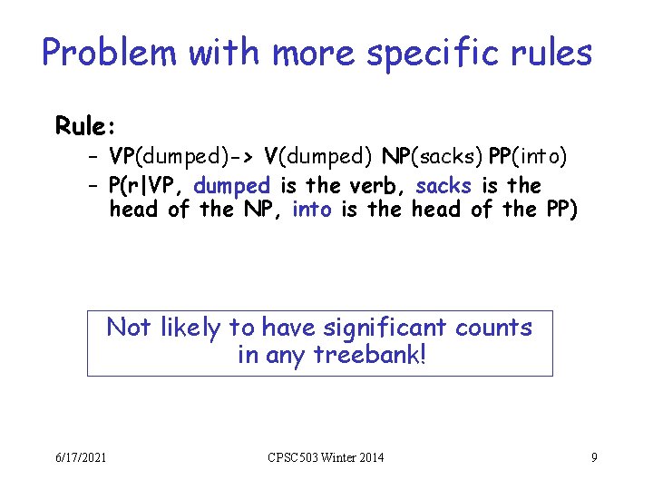 Problem with more specific rules Rule: – VP(dumped)-> V(dumped) NP(sacks) PP(into) – P(r|VP, dumped