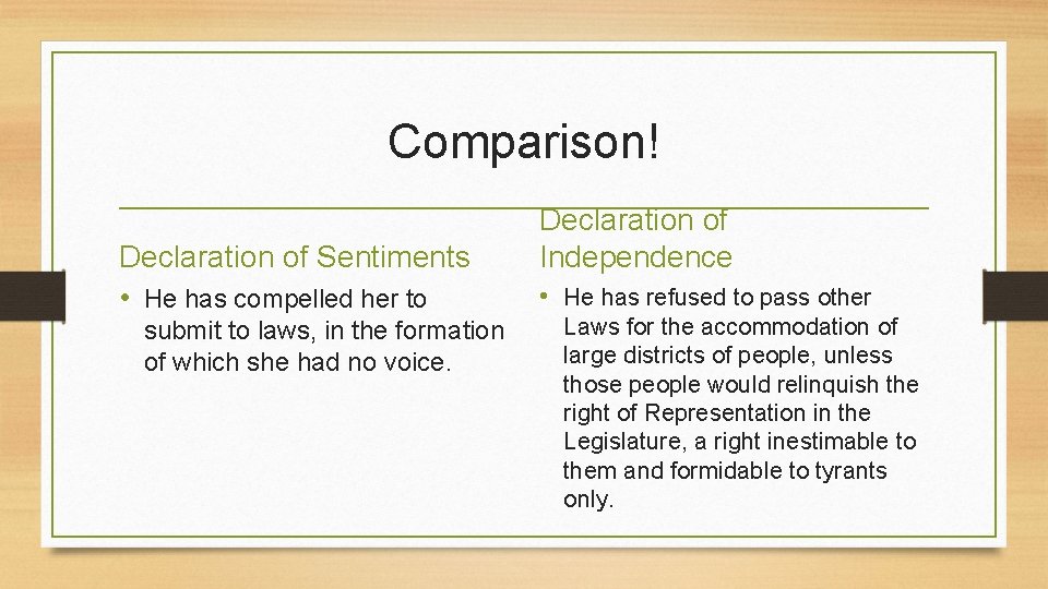Comparison! Declaration of Sentiments • He has compelled her to submit to laws, in