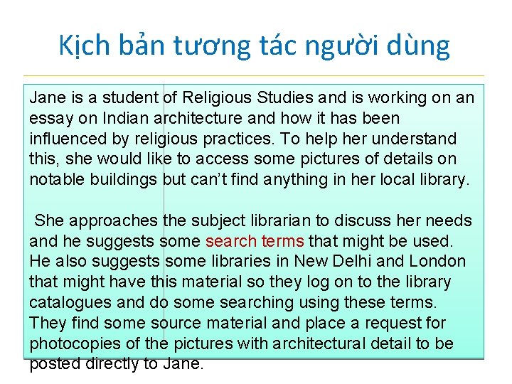 Kịch bản tương tác người dùng Jane is a student of Religious Studies and