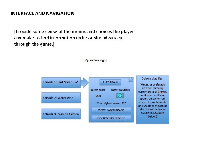 INTERFACE AND NAVIGATION [Provide some sense of the menus and choices the player can