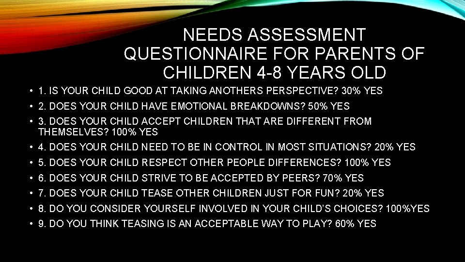 NEEDS ASSESSMENT QUESTIONNAIRE FOR PARENTS OF CHILDREN 4 -8 YEARS OLD • 1. IS