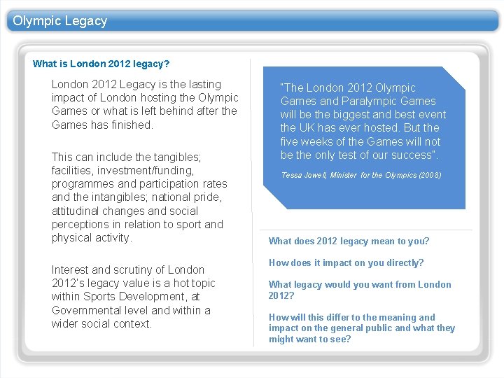 Olympic Legacy What is London 2012 legacy? London 2012 Legacy is the lasting impact