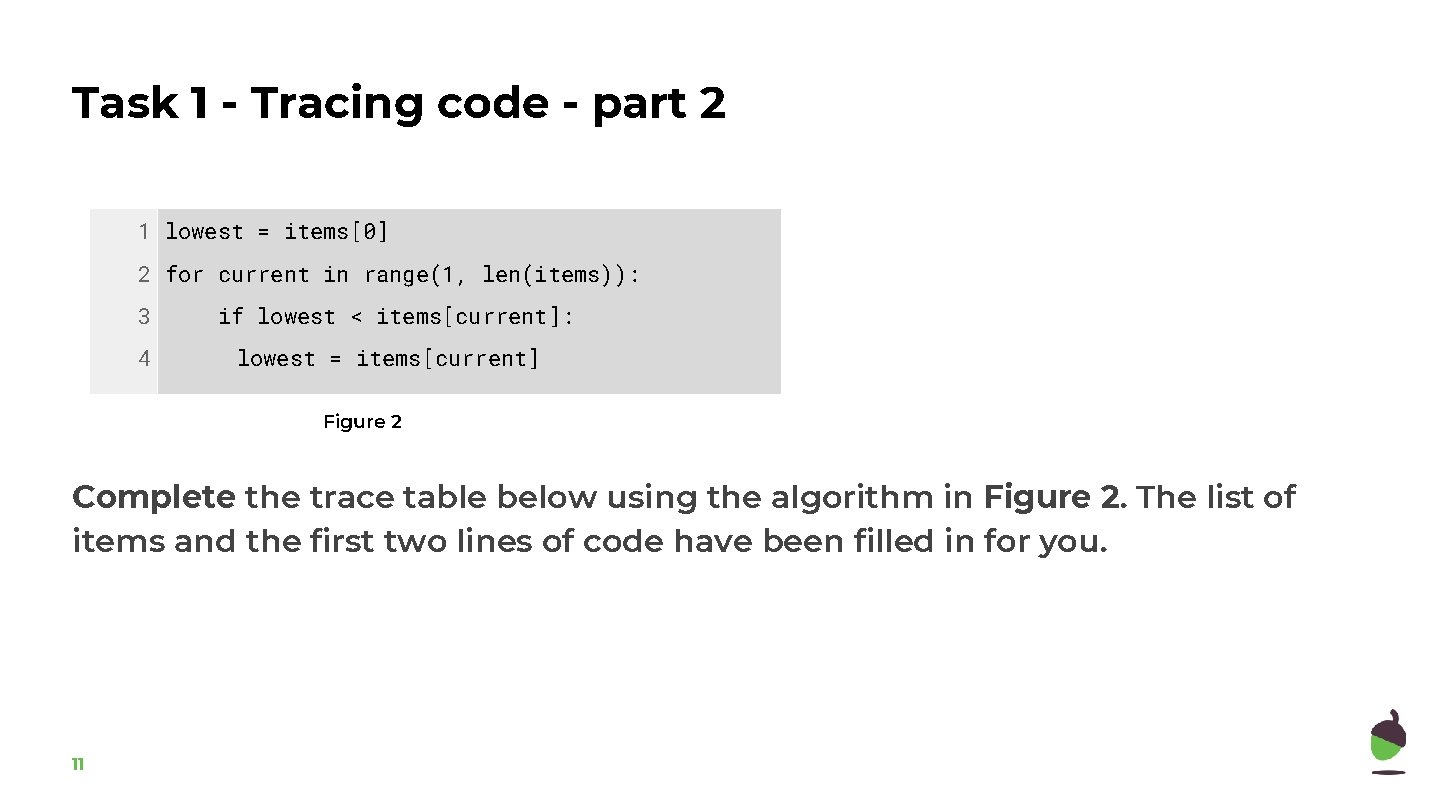 Task 1 - Tracing code - part 2 1 lowest = items[0] 2 for