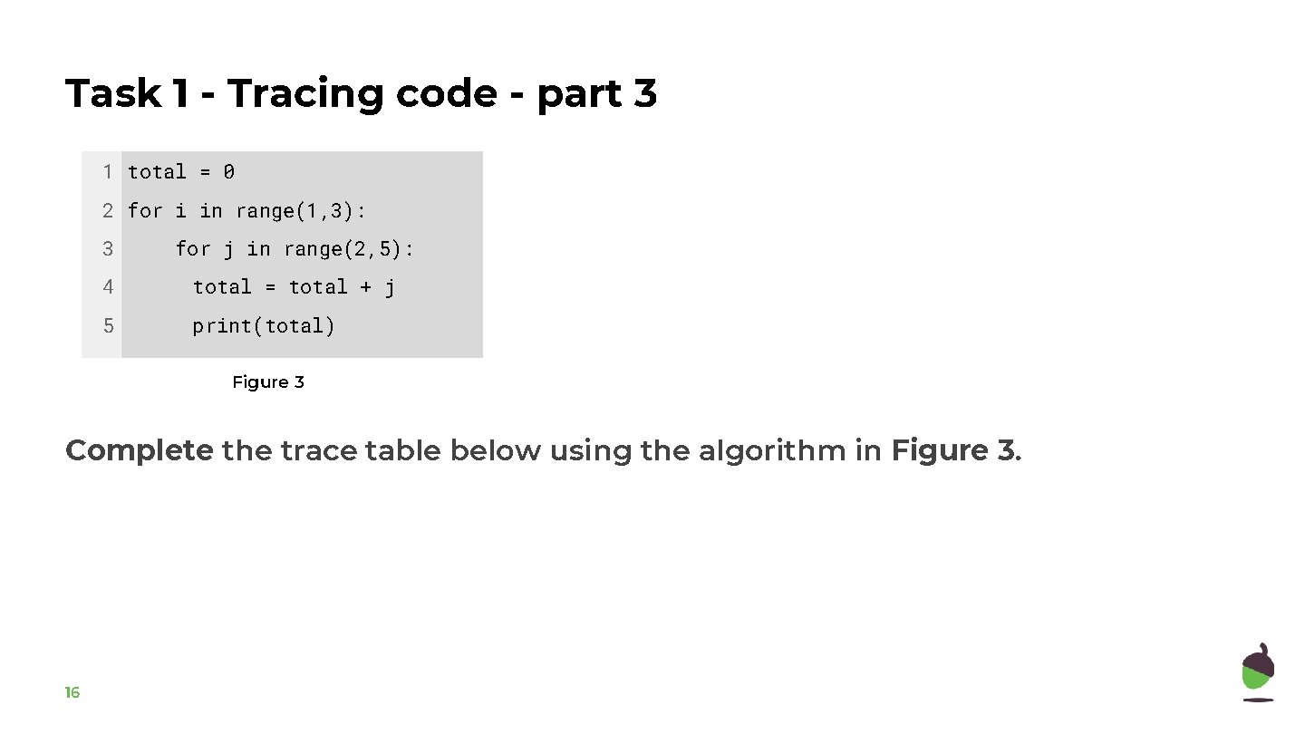 Task 1 - Tracing code - part 3 1 total = 0 2 for
