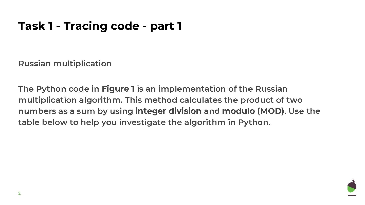 Task 1 - Tracing code - part 1 Russian multiplication The Python code in