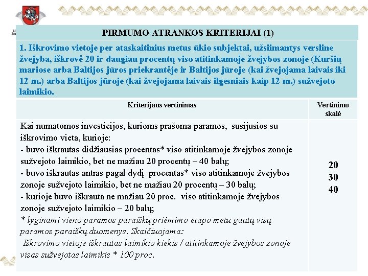 PIRMUMO ATRANKOS KRITERIJAI (1) 1. Iškrovimo vietoje per ataskaitinius metus ūkio subjektai, užsiimantys versline