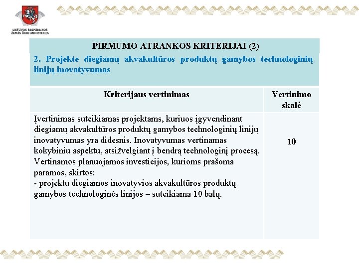 PIRMUMO ATRANKOS KRITERIJAI (2) 2. Projekte diegiamų akvakultūros produktų gamybos technologinių linijų inovatyvumas Kriterijaus