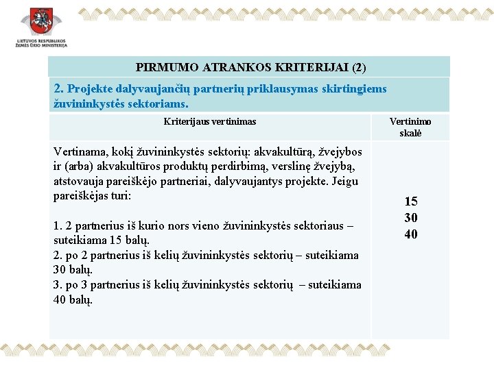 PIRMUMO ATRANKOS KRITERIJAI (2) 2. Projekte dalyvaujančių partnerių priklausymas skirtingiems žuvininkystės sektoriams. Kriterijaus vertinimas