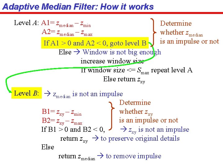 Adaptive Median Filter: How it works Level A: A 1= zmedian – zmin A