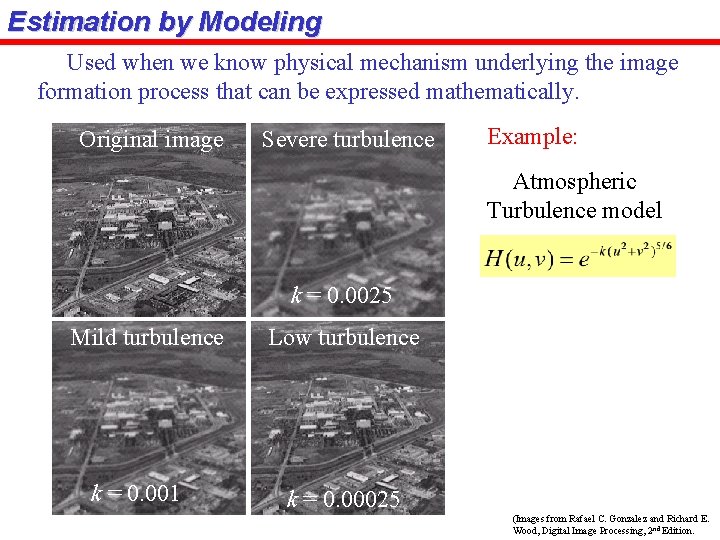 Estimation by Modeling Used when we know physical mechanism underlying the image formation process