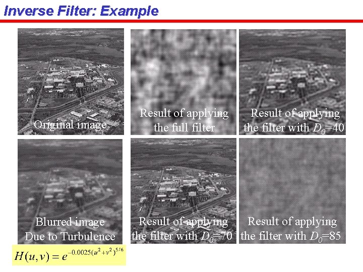 Inverse Filter: Example Original image Blurred image Due to Turbulence Result of applying the