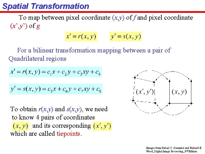 Spatial Transformation To map between pixel coordinate (x, y) of f and pixel coordinate