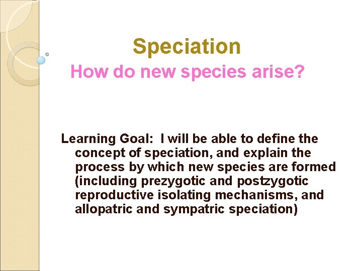 Speciation How do new species arise? Learning Goal: I will be able to define