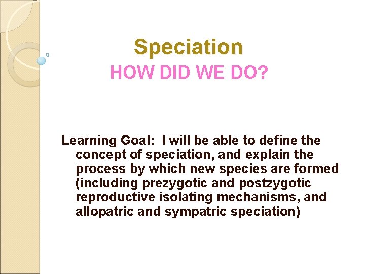Speciation HOW DID WE DO? Learning Goal: I will be able to define the
