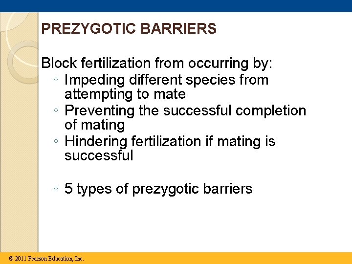PREZYGOTIC BARRIERS Block fertilization from occurring by: ◦ Impeding different species from attempting to