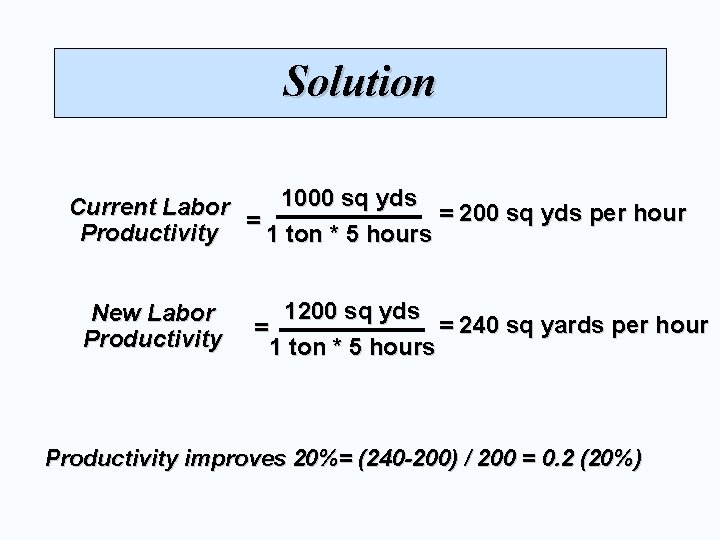 Solution 1000 sq yds Current Labor = 200 sq yds per hour = Productivity