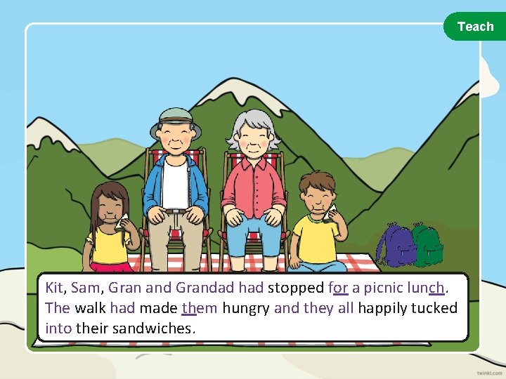 Teach Kit, Sam, Gran and Grandad had stopped for a picnic lunch. The walk