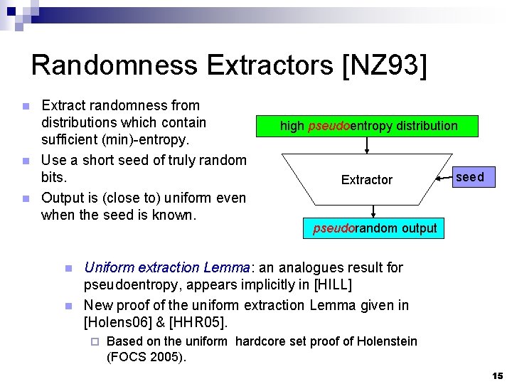 Randomness Extractors [NZ 93] n n n Extract randomness from distributions which contain sufficient