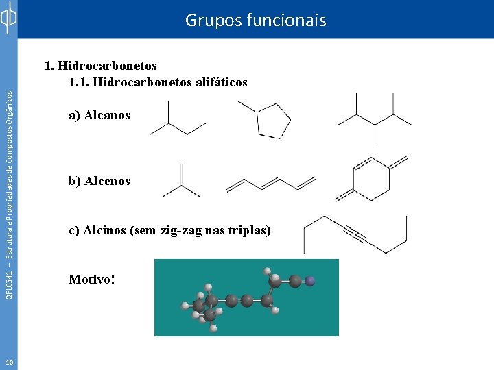 Grupos funcionais QFL 0341 – Estrutura e Propriedades de Compostos Orgânicos 1. Hidrocarbonetos 1.