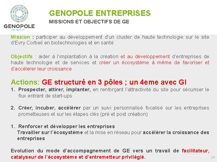 GENOPOLE ENTREPRISES MISSIONS ET OBJECTIFS DE GE Mission : participer au développement d’un cluster