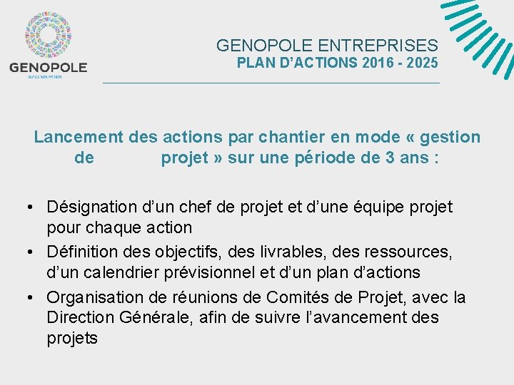 GENOPOLE ENTREPRISES PLAN D’ACTIONS 2016 - 2025 Lancement des actions par chantier en mode