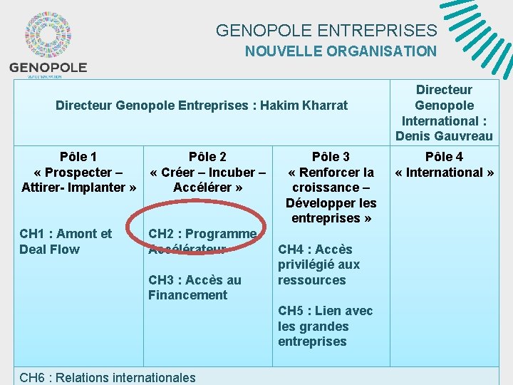 GENOPOLE ENTREPRISES NOUVELLE ORGANISATION Directeur Genopole Entreprises : Hakim Kharrat Pôle 1 « Prospecter