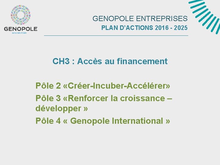 GENOPOLE ENTREPRISES PLAN D’ACTIONS 2016 - 2025 CH 3 : Accès au financement Pôle